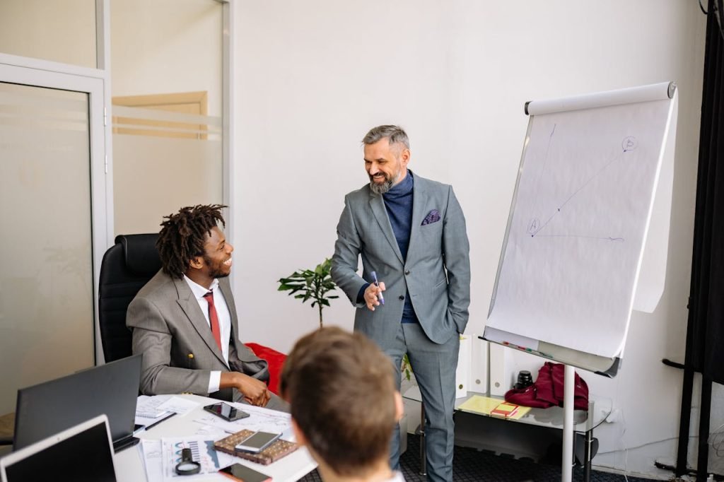 Professional meeting with businessmen collaborating on a project